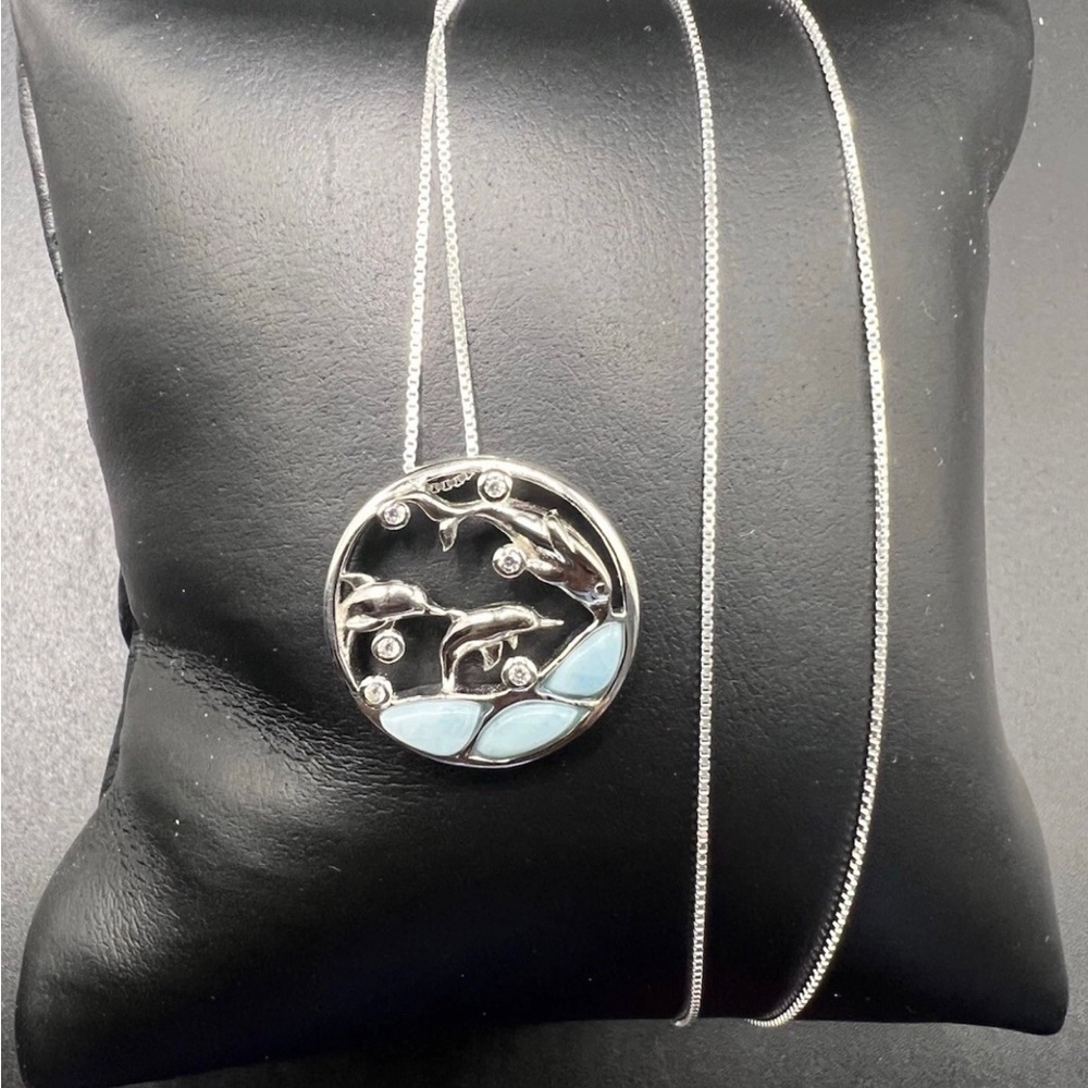 925 Sterling Silver Natural Larimar & CZ Dolphin Pendant Necklace 18”